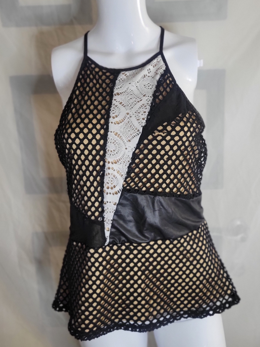 Vintage BKE Black Mesh Lace Panel Halter Camisole with White Lace Inset